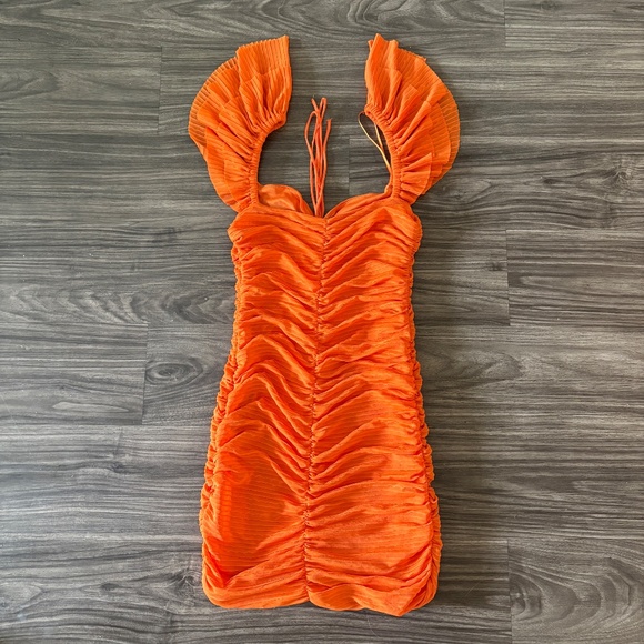 Zara Womens Pleated Ruffle Mini Dress Orange Medium - Picture 10 of 10